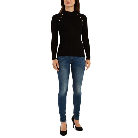 BCX Juniors XS Long Sleeve Ribbed Mock Neck Button Detail Sweater NWT - Picture 3 of 6